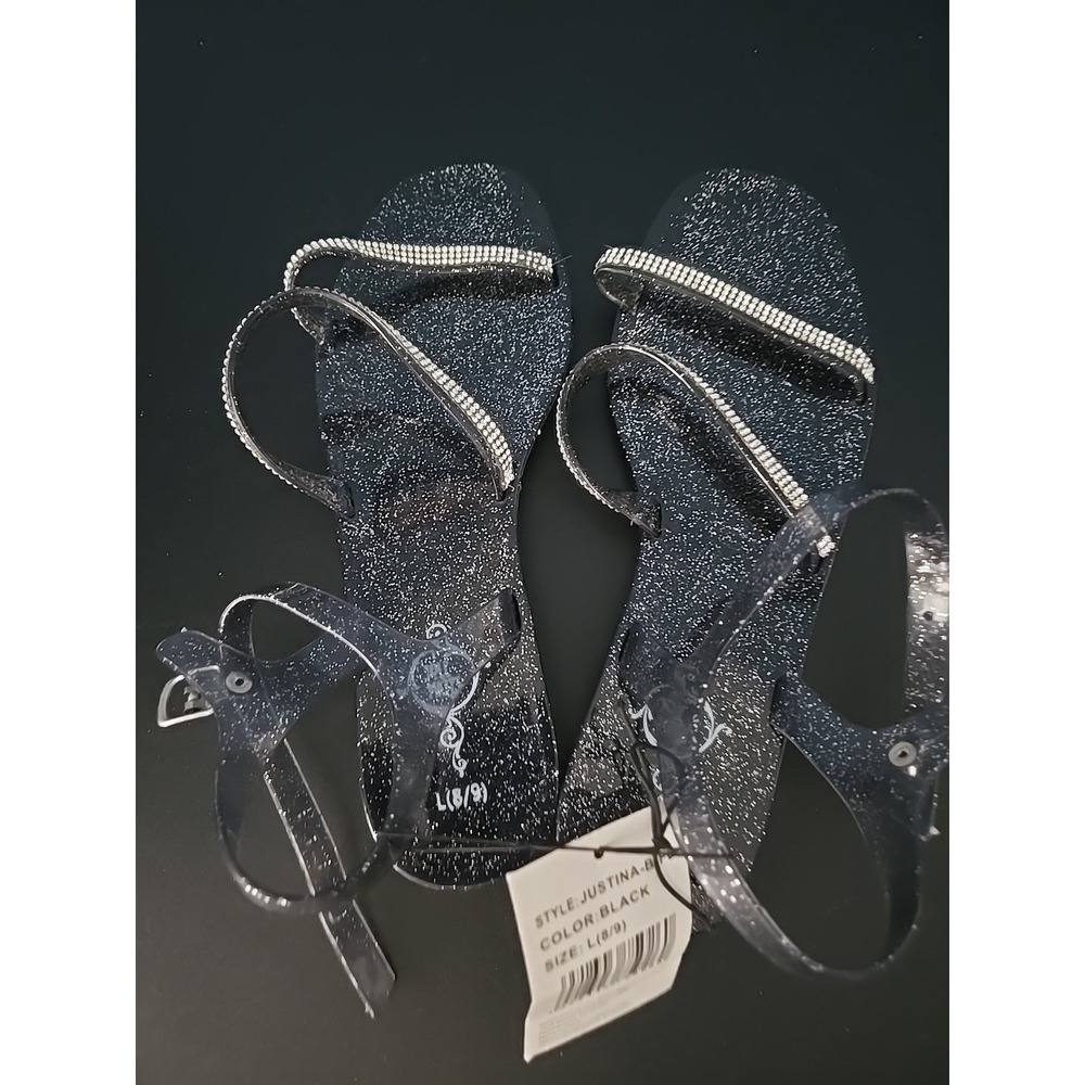 NWT Sole Mates Black Gel Black Rhinestone Thong Sandals SZ 8‎ / 9  Shoes Sandals